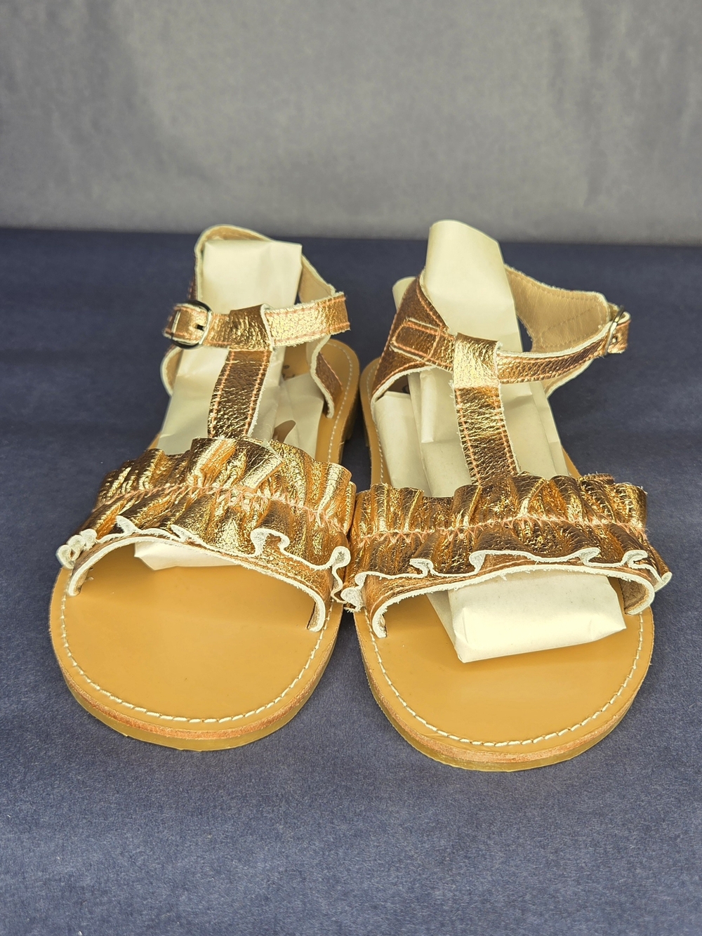 Monkey Feet Metallic Gold Ruffle T-Strap Sandals